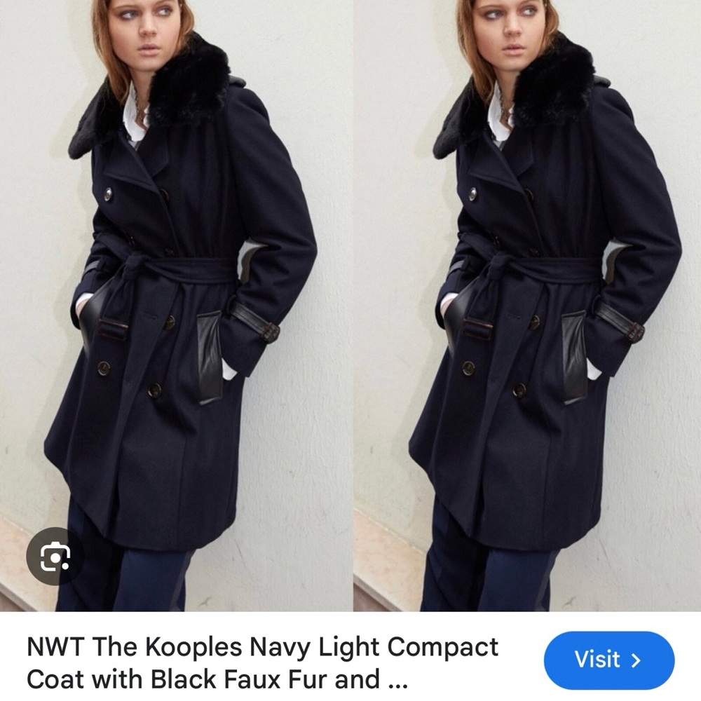 The Kooples Navy Trench Coat with Black Faux Fur Collar